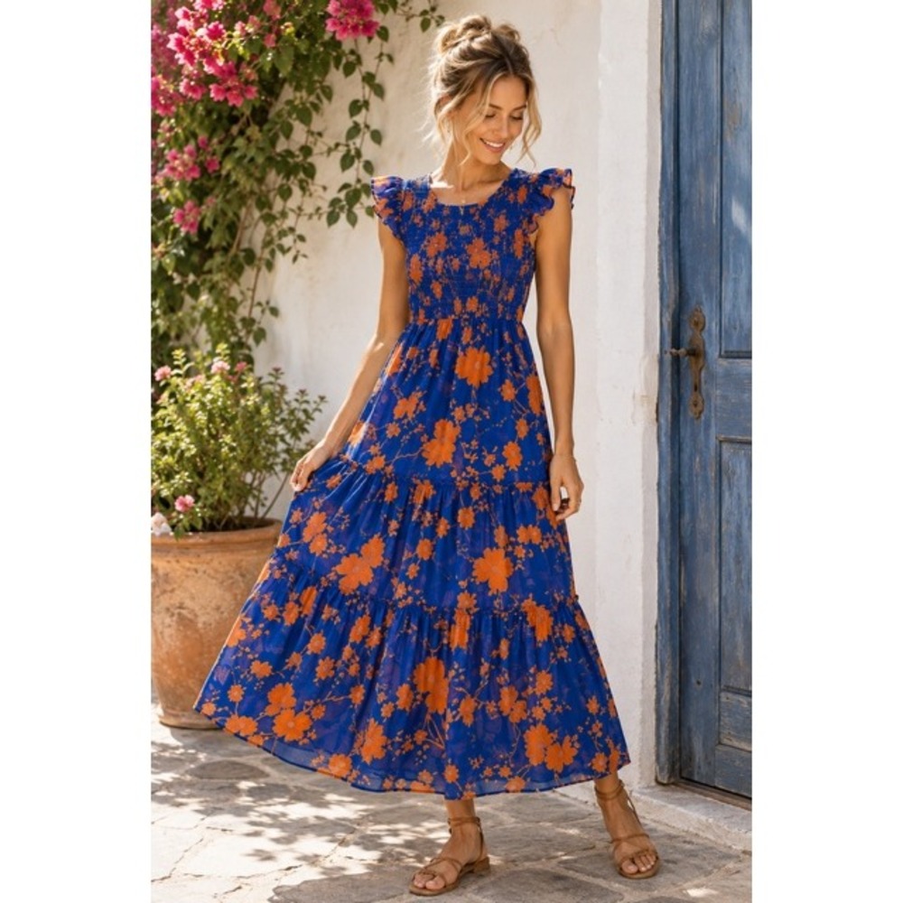 Anthro Abel the Label Boho Floral Smocked Maxi Dress Blue Orange Tiered